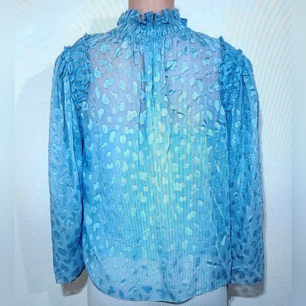 Rebecca Taylor Robin's Egg Blue Femme Shirred Ruffle Top Sz 14 - Picture 5 of 8